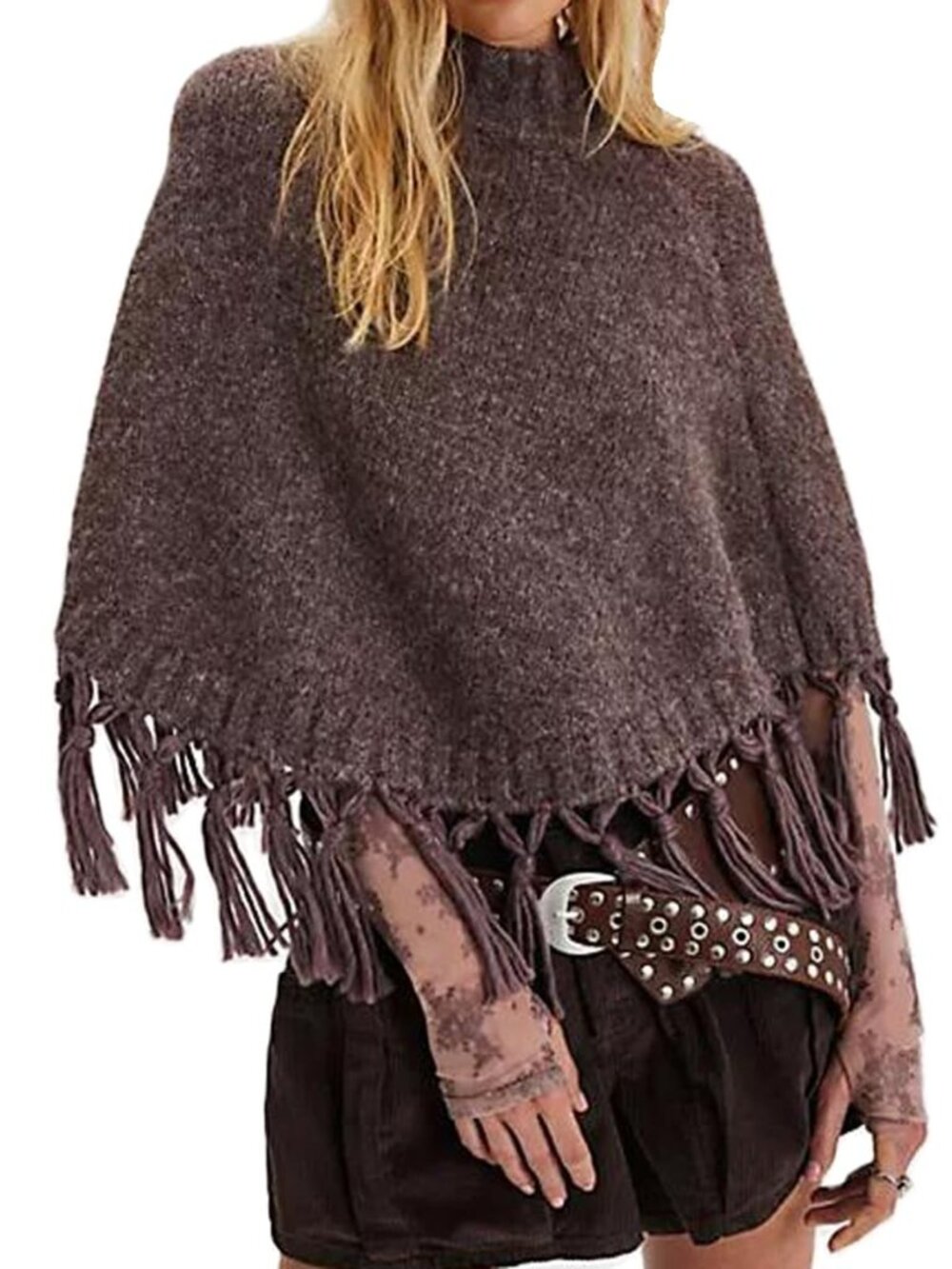Women Y2K Vintage Knit Cropped Poncho Mock Neck Short Sleeve Fringe Trim Sweater